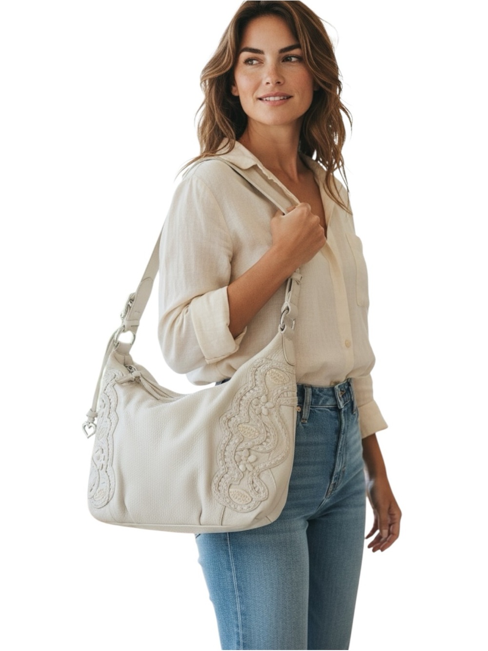 Brighton Nikki Off white pebbled leather ornate side panel Shoulder bag.